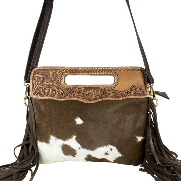 Leather Hand-Tooled Hair-on Fringe Bag with with Free Gift, Bifold Black Wallet - Picture 4 of 11